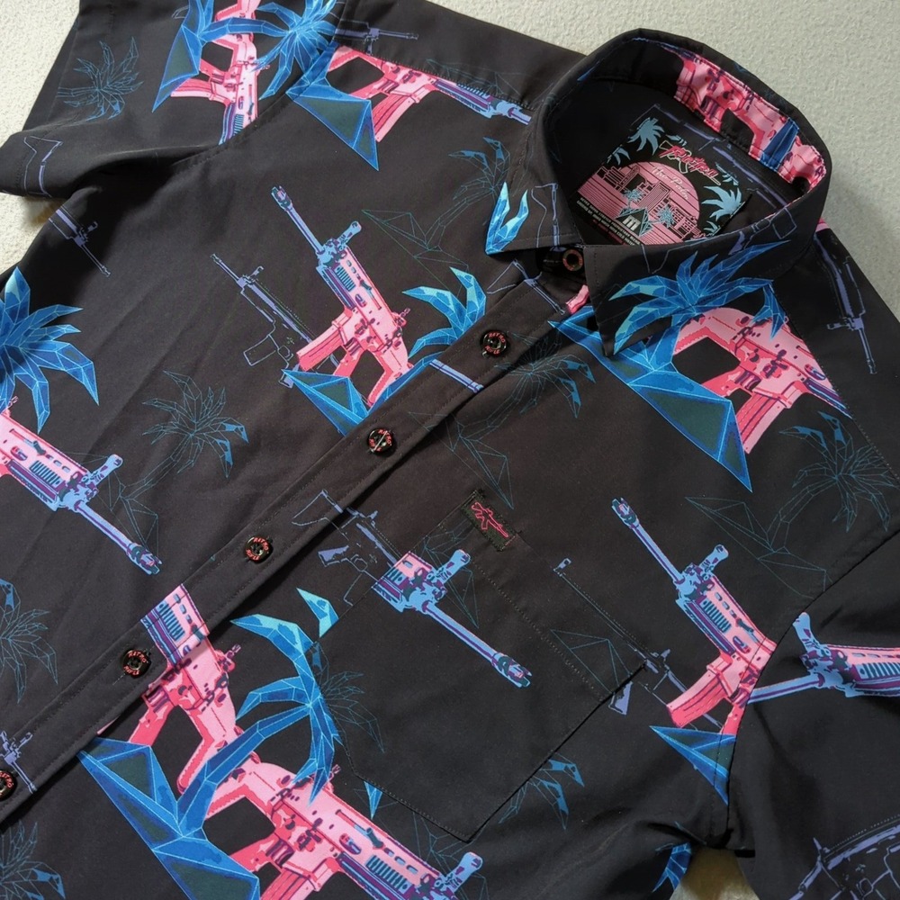 Retro Rifle The Palm Shirt Mens Medium Vaporwave Gun Palm Tree Stretch Button Up